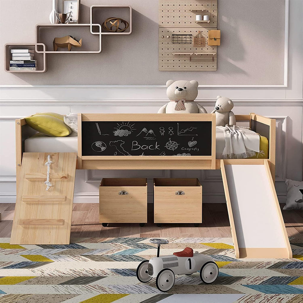 Twin Size Solid Wood Loft Bed with Slide and Storage Shelves I6643