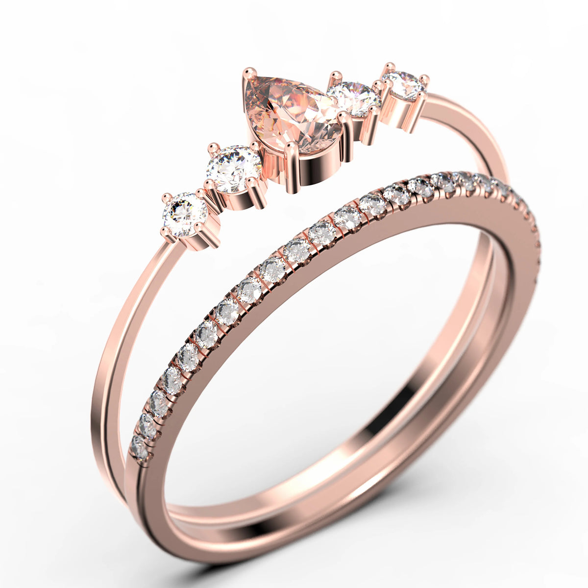 1.55 Carat Pear Cut Morganite And Diamond Moissanite Engagement Ring in 925 Sterling Silver With 18k Rose Gold Plating O9525