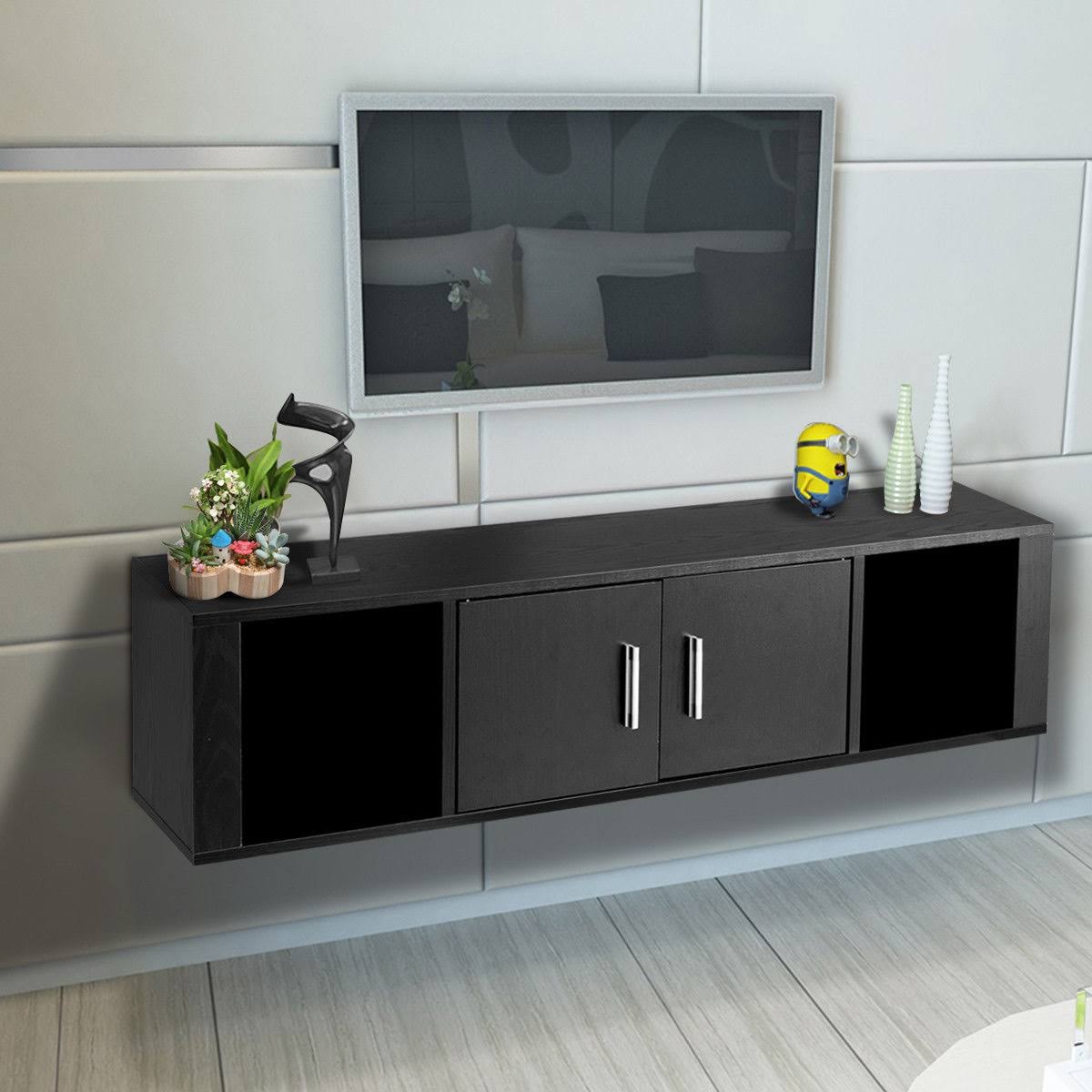 Black Wall Mounted Floating Desk Hutch Cabinet with 2 Door Storage Shelves P5193