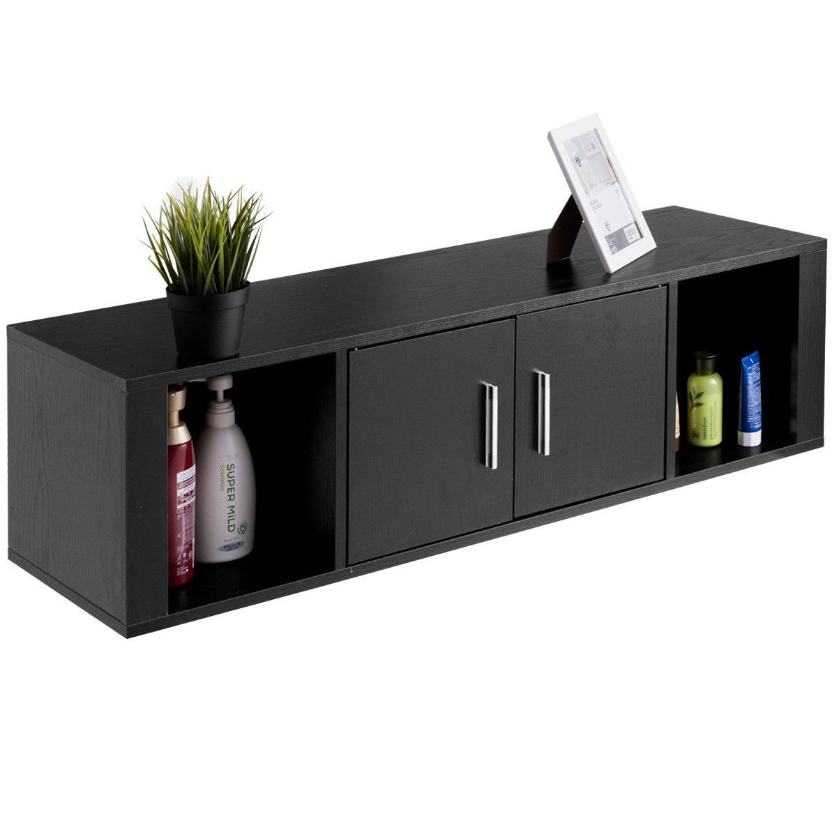 Black Wall Mounted Floating Desk Hutch Cabinet with 2 Door Storage Shelves P5193