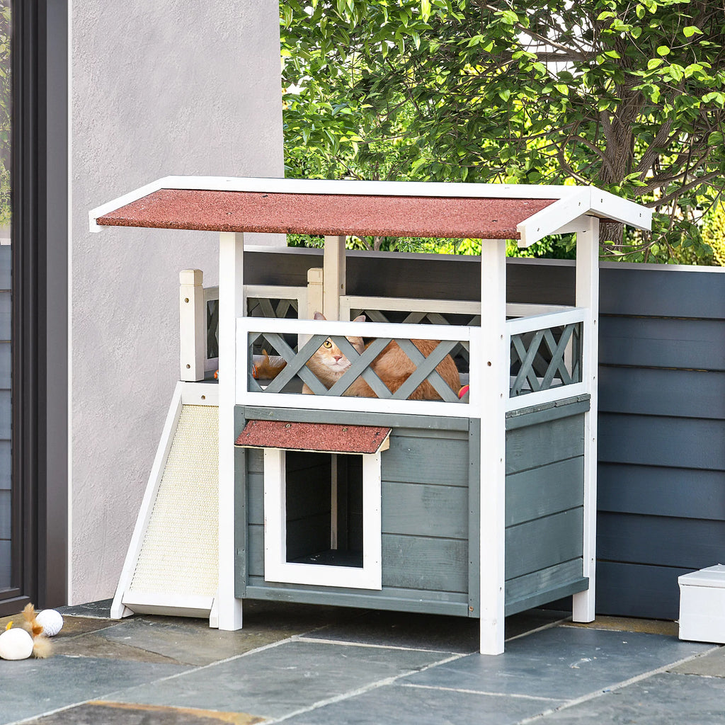 2-story Cat House Wood Shelter with Condo Sisal Ramp, Gray V749